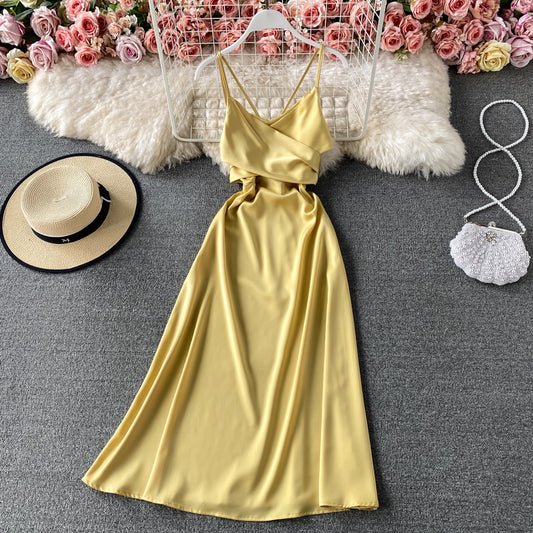 Open back strap waist V-neck suspender dress  3171