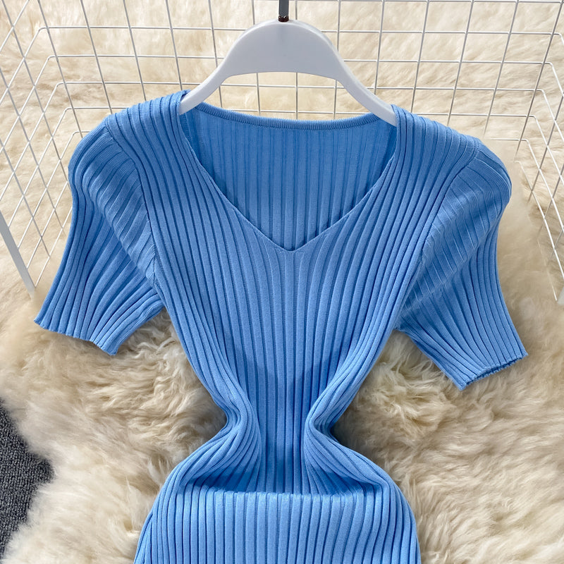 Robe en maille slim à col en V Hip Wrap 2973