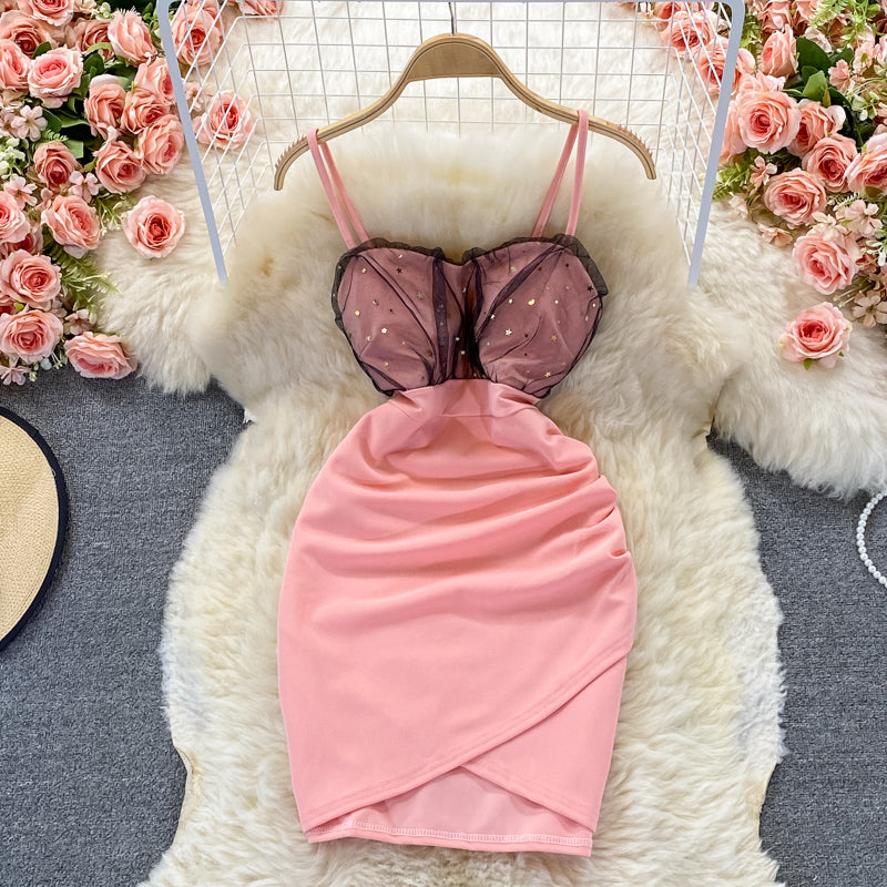 Sexy mesh stitched V-neck suspender skirt slim bottom wrap hip skirt  2780