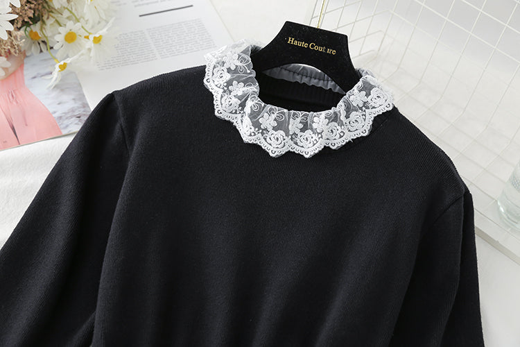 Lace stitched knit dress half high neck slim long sleeve  2404