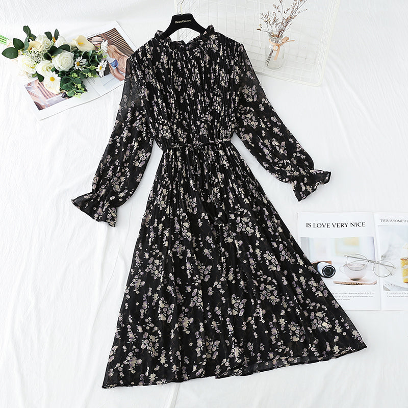 Dress women's French retro pleated waist slim dress  2167