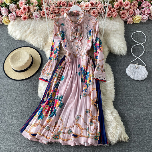 Celebrity temperament foreign style bow print Pleated Dress  3167