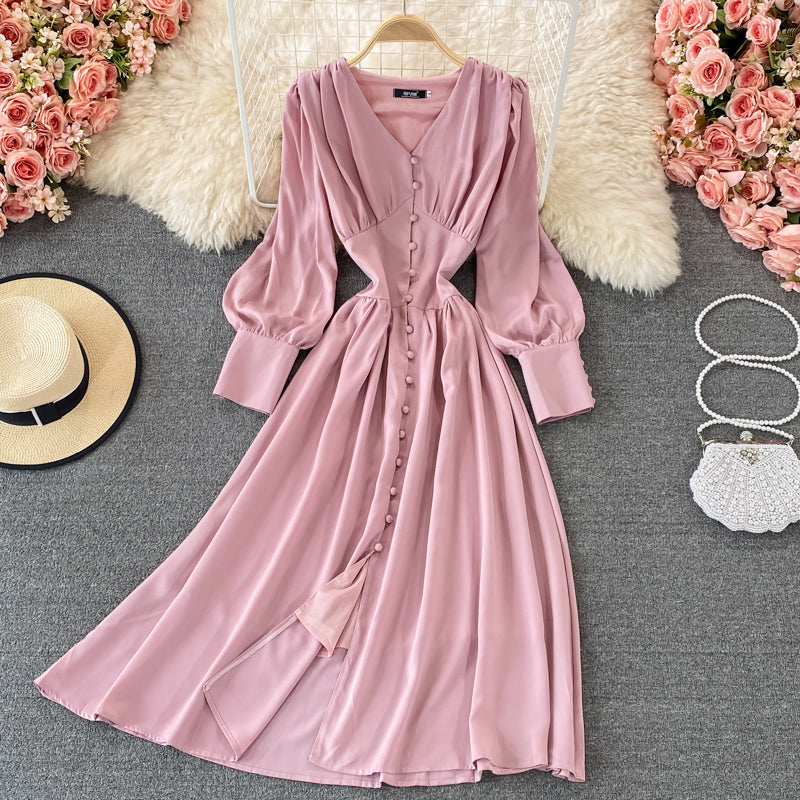Single breasted waistband slim bubble sleeve dress long skirt  3334