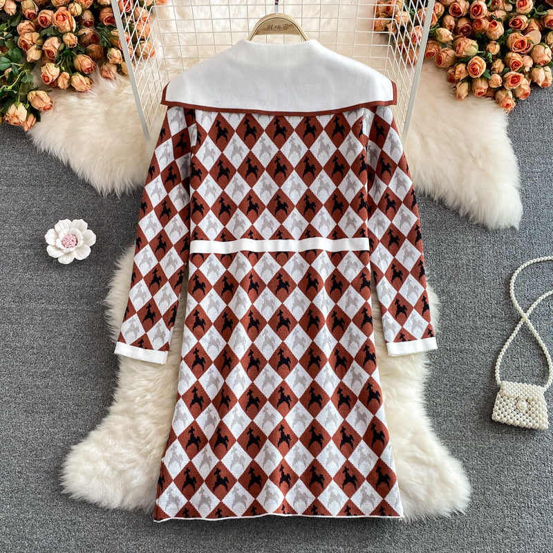 Aging sweet Navy collar knitted dress  3360