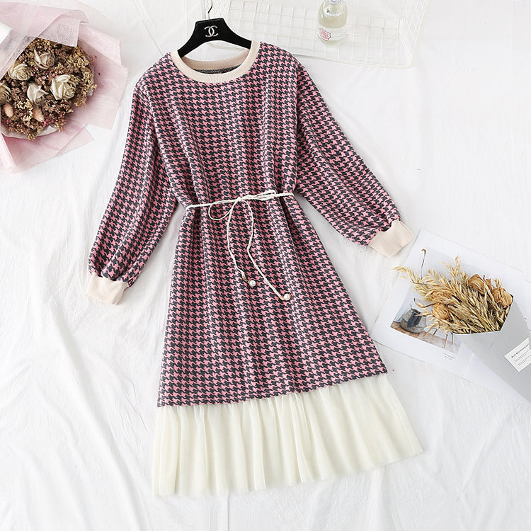 New French Vintage Plaid long sleeve waist closing slim skirt  2293