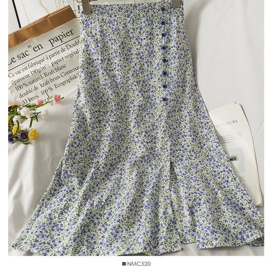 Jupe mi-longue à taille haute et à imprimé floral rétro 2575