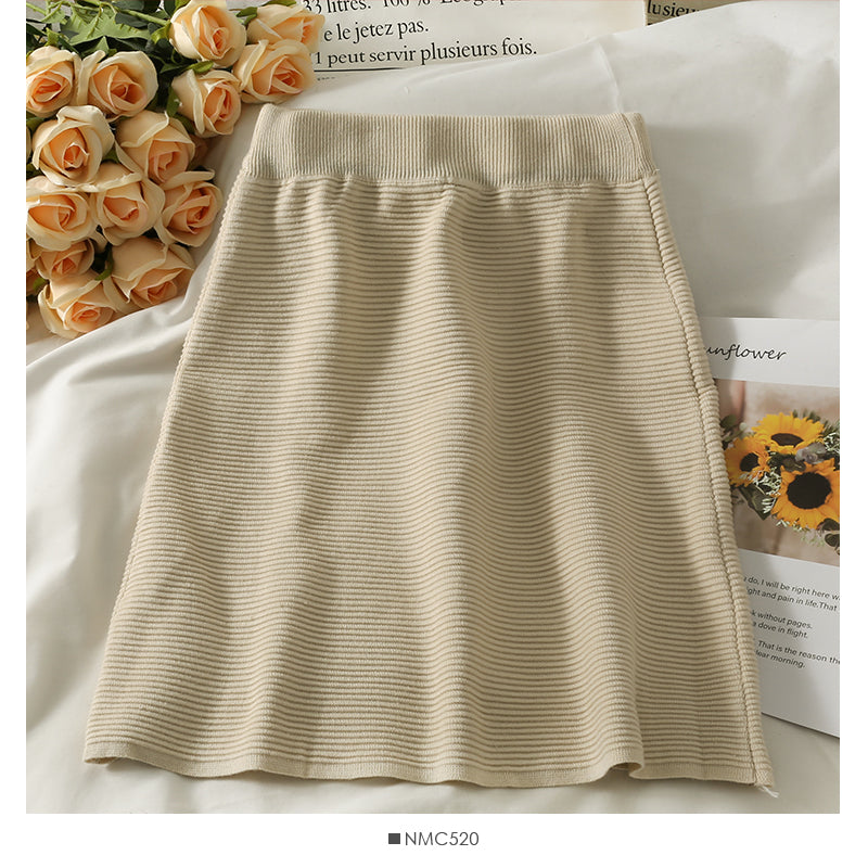 Hong Kong style retro disc buckle elastic waist thin striped A-line skirt  2644