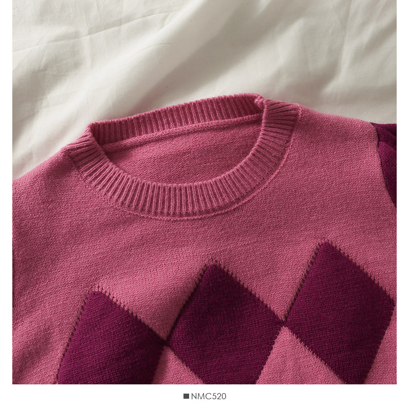 Pull à carreaux en maille fine à col ras du cou et surpiqûres contrastées pour femme 1998
