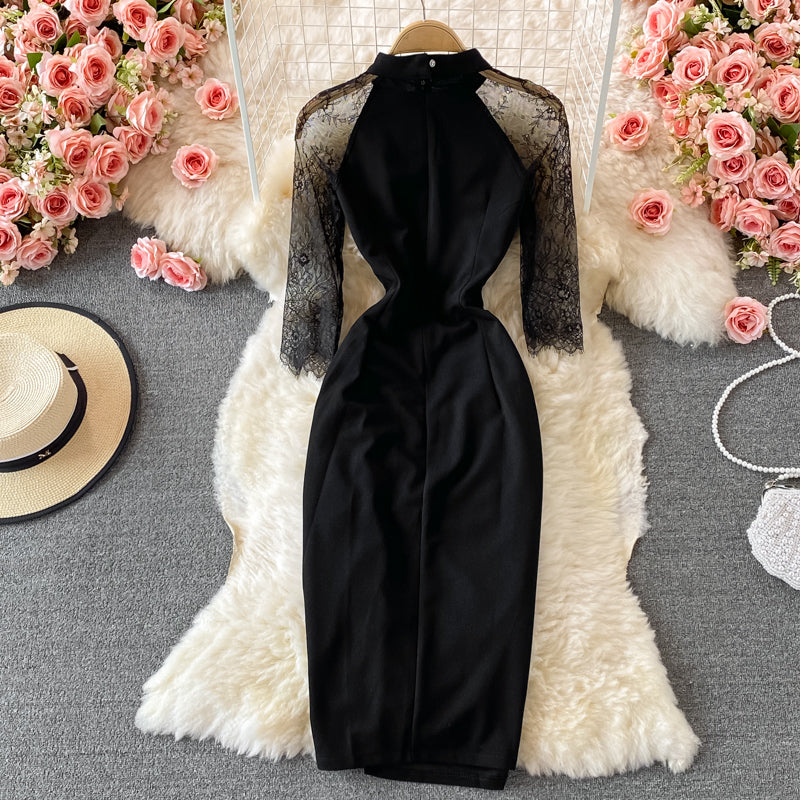 Robe noire à manches longues et coutures en maille avec taille cache-cœur 3228