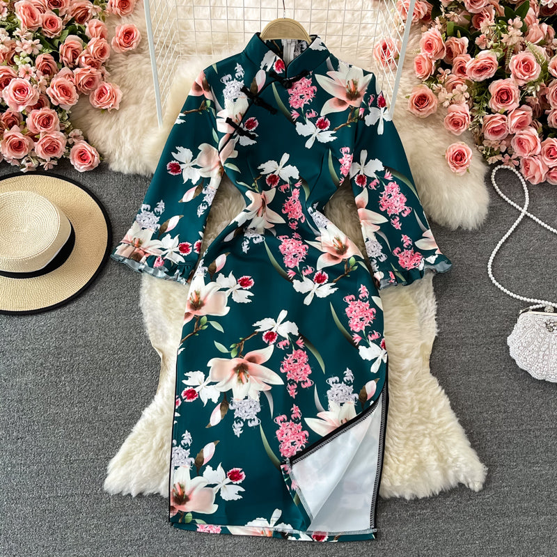 Robe à col montant en dentelle cheongsam fendue 3244