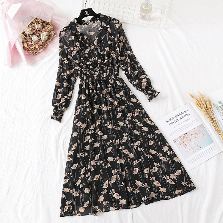 Suit collar French retro fairy super xiansen broken flower chiffon long skirt  2358