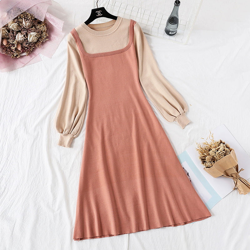 New French retro color matching college slim bottomed sweater long skirt  2424