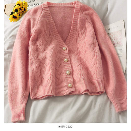 Cardigan simple boutonnage à col bas en maille torsadée lâche 1776