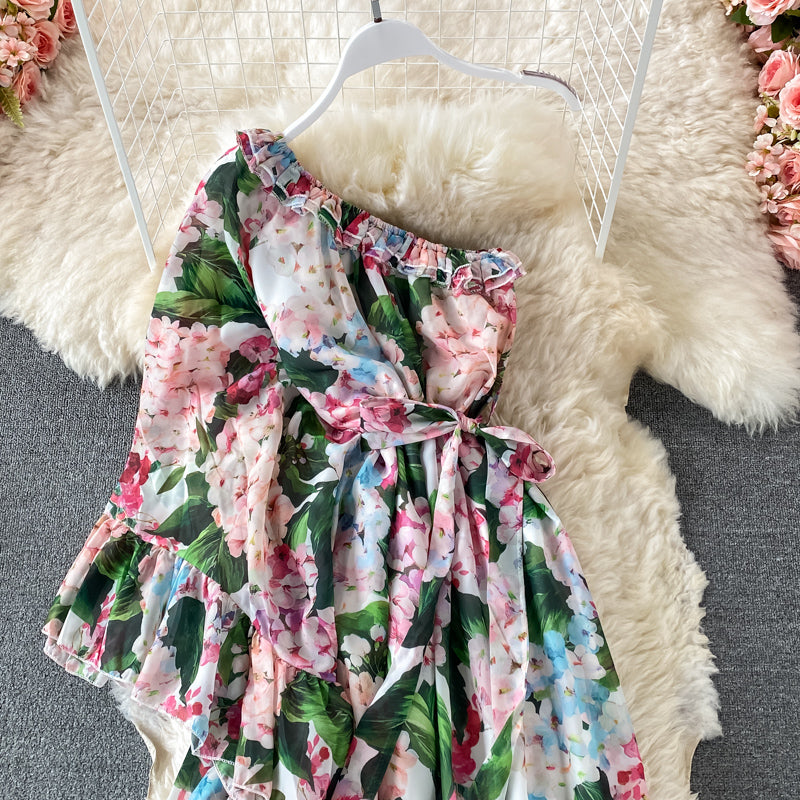 Slant neck one side off shoulder lace up Printed Dress  3195