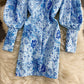Blue and white porcelain printed square neck sexy Lantern Sleeve Dress  2813
