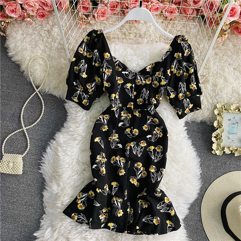 Robe portefeuille à imprimé floral, dos nu, col carré, manches bouffantes, queue de poisson, 2955