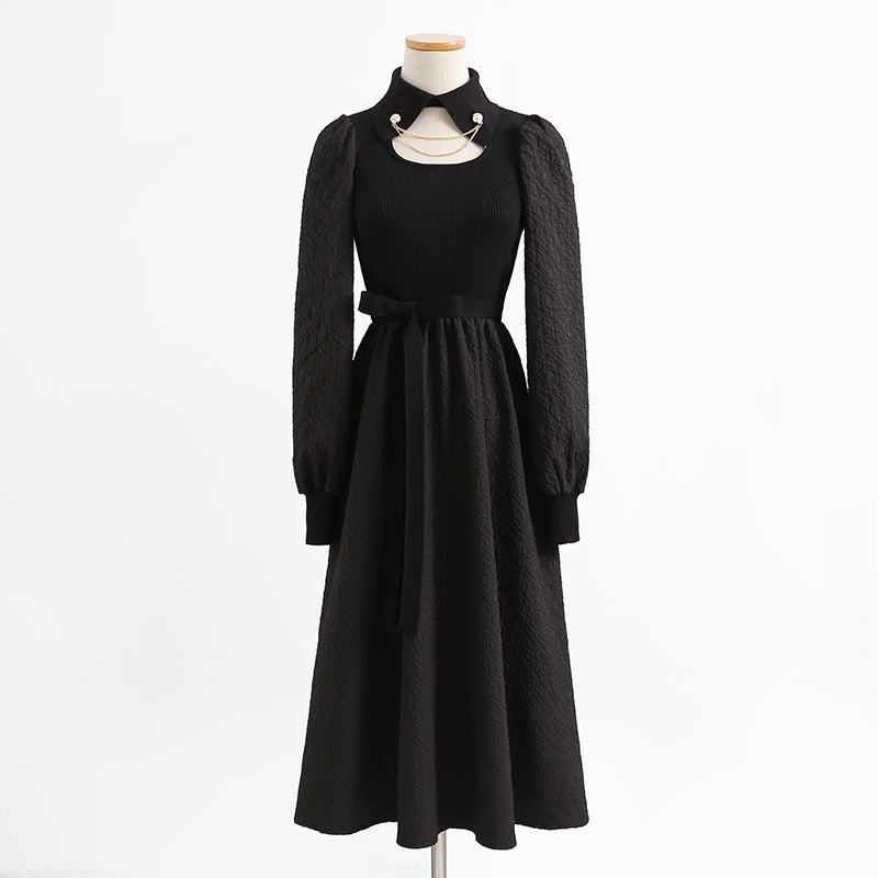 Knit stitched dress Vintage Chain Collar skinny over knee black dress  2344