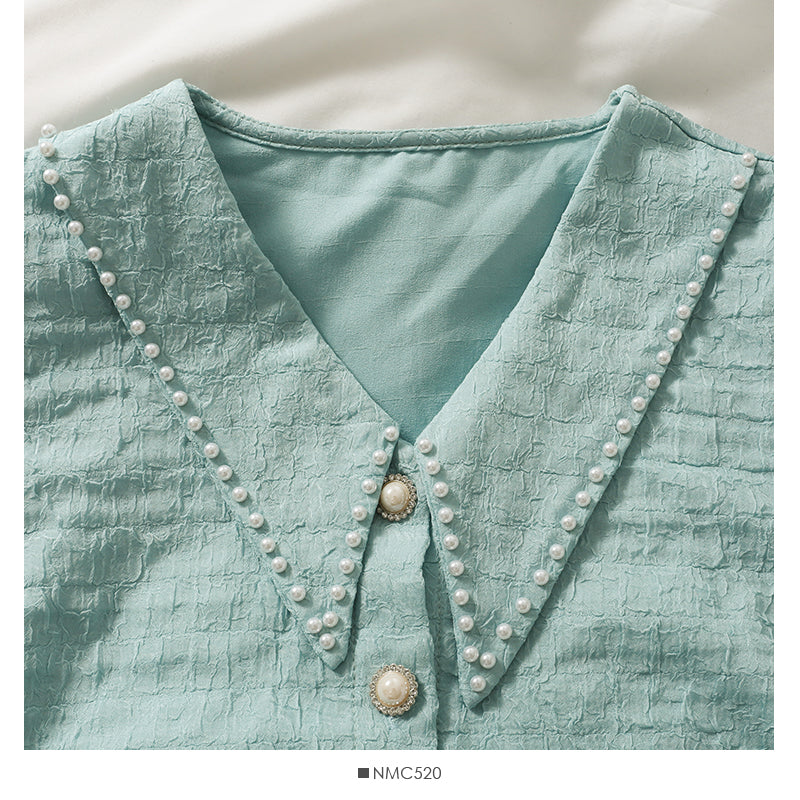 New nail bead Lapel single breasted cardigan long sleeved blouse  2101