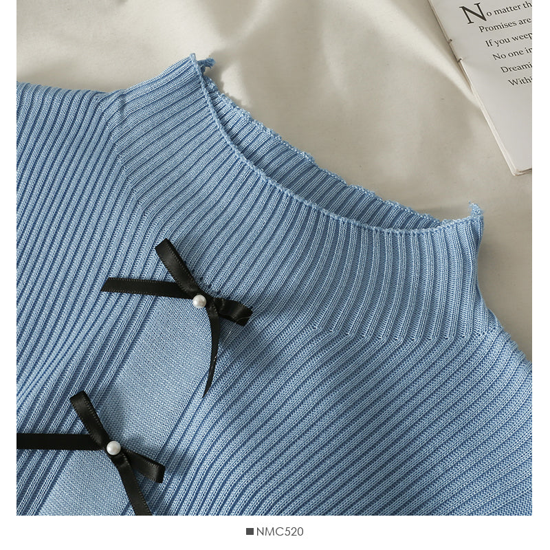 Pull col montant à perles décoratives avec nœud coréen pour femme 2053
