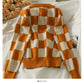 Pull ample à manches longues et col ras du cou à carreaux contrastés pour femme, nouveau pull cardigan à simple boutonnage 1967