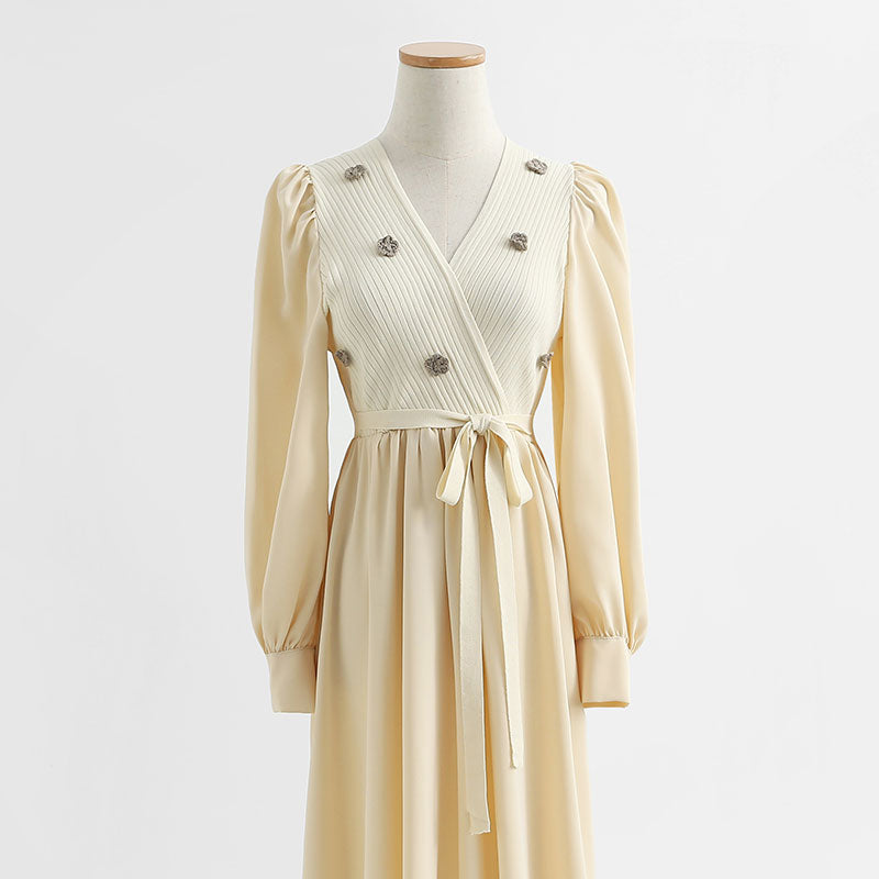 Gentle wind over the knee aging temperament thin embroidered wool dress  2231