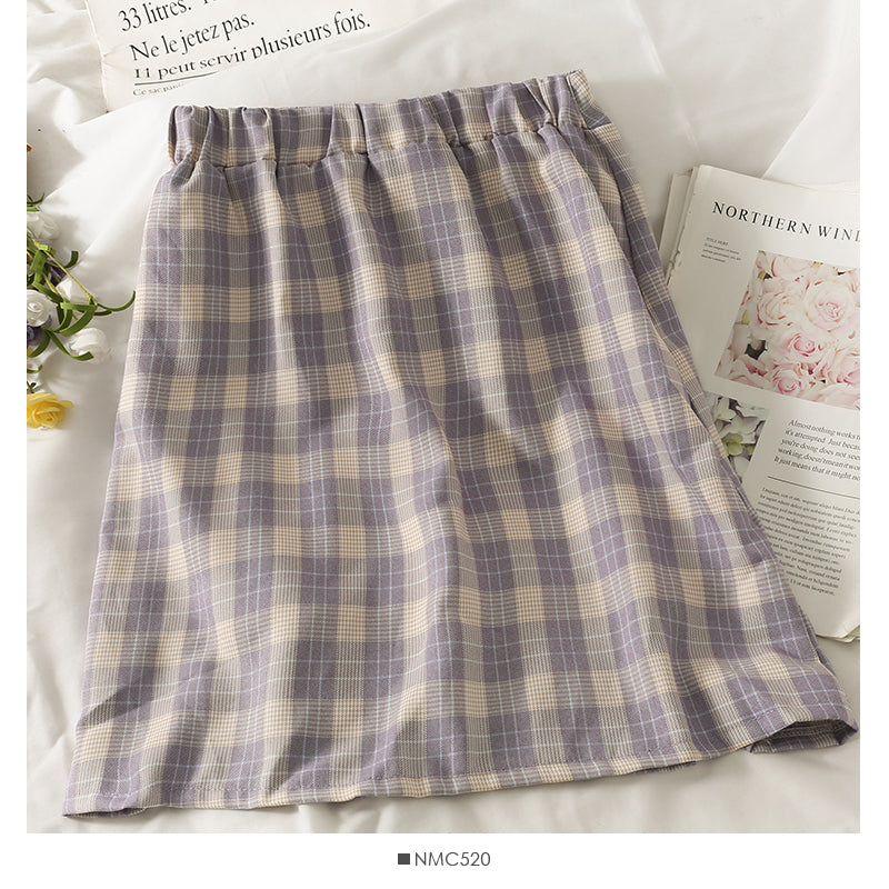 Retro simple versatile Plaid split casual A-line skirt  2645