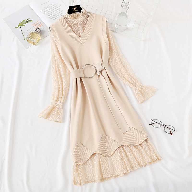 Minority LACE VEST knitted dress fashion suit two piece set female  2473