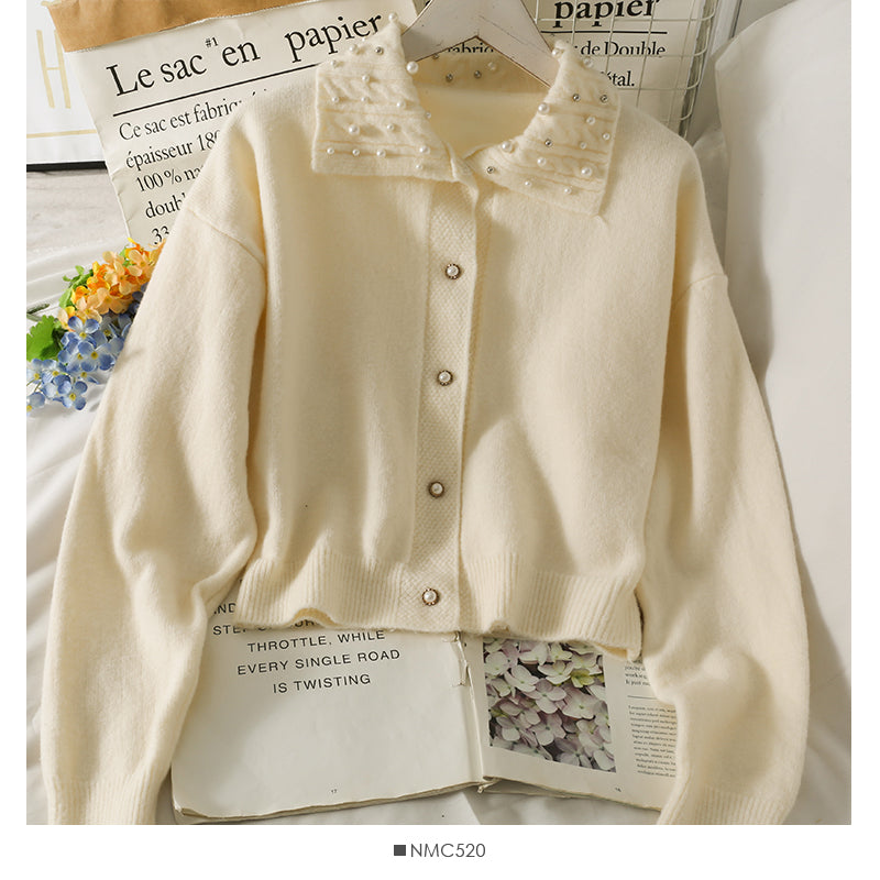 Pull cardigan slim à simple boutonnage avec revers perlés 2034
