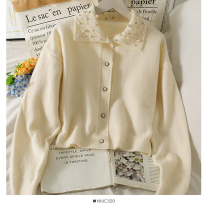 Pull cardigan slim à simple boutonnage avec revers perlés 2034