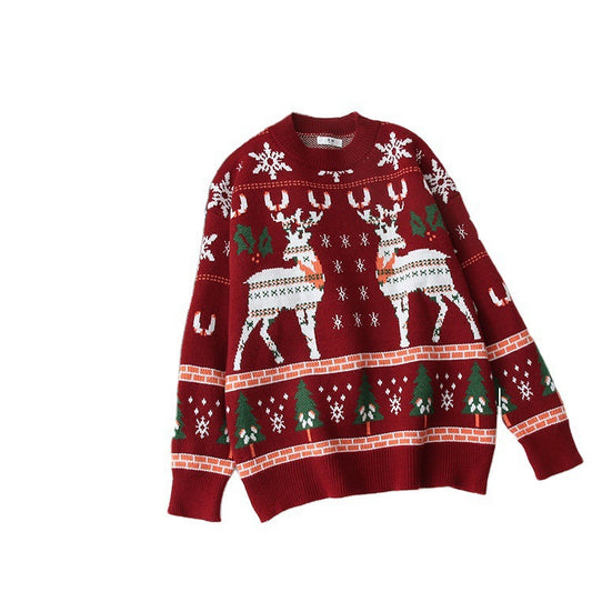 Pull jacquard en tricot de cerf flocon de neige de Noël, pull ample à col rond automne/hiver, pull 1415