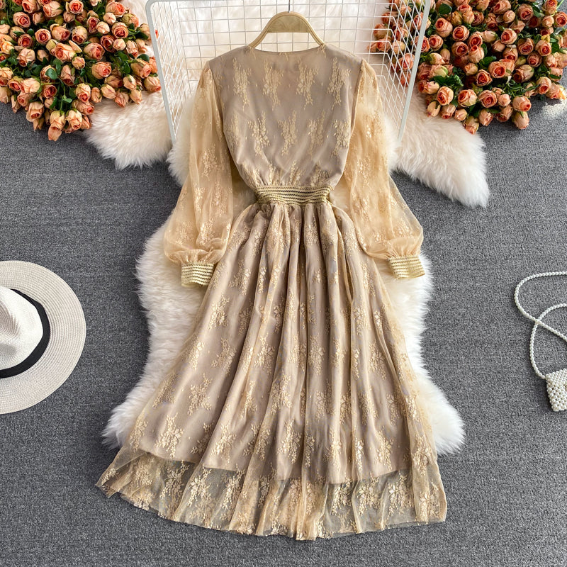 Robe col V en maille de dentelle brodée 2989