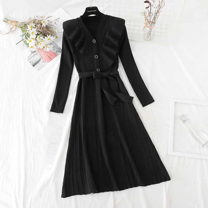 Ruffle lace up waist slim red dress  2184