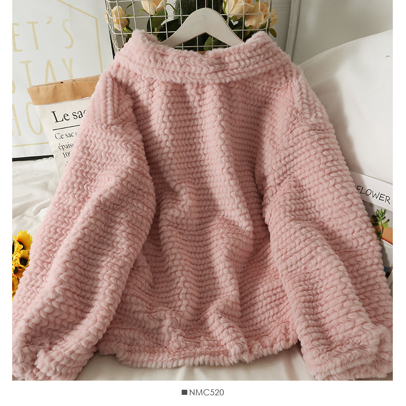 Plush thickened Lapel bubble sleeve cardigan coat  2116