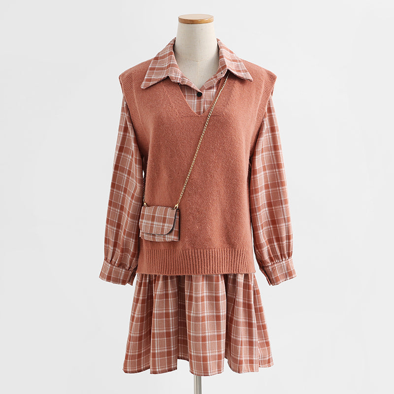 New vest LONG SLEEVE DRESS Plaid age reduction fashion two-piece suit skirt  2176