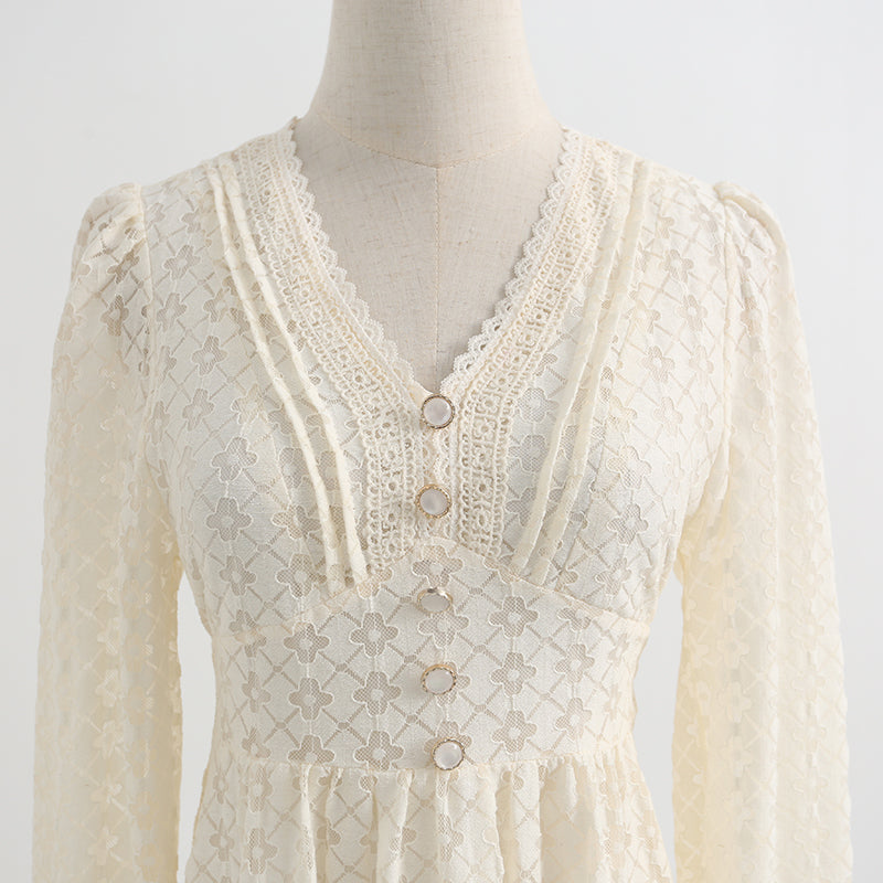 Dress long sleeved fairy lace skirt with thin waist, retro white first love skirt  2337