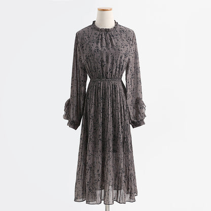 Chiffon pleated skirt, fungus floral dress, slim dress, lady dress  2432
