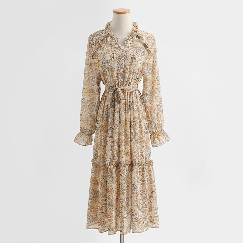 Temperament: slim waist, long sleeved chiffon dress with backing  2214