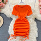 Sexy drawstring temperament slim round neck tight buttock dress  2777
