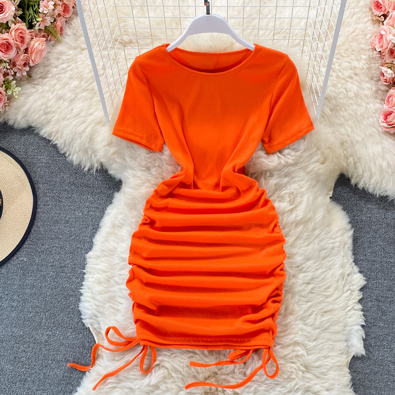 Sexy drawstring temperament slim round neck tight buttock dress  2777