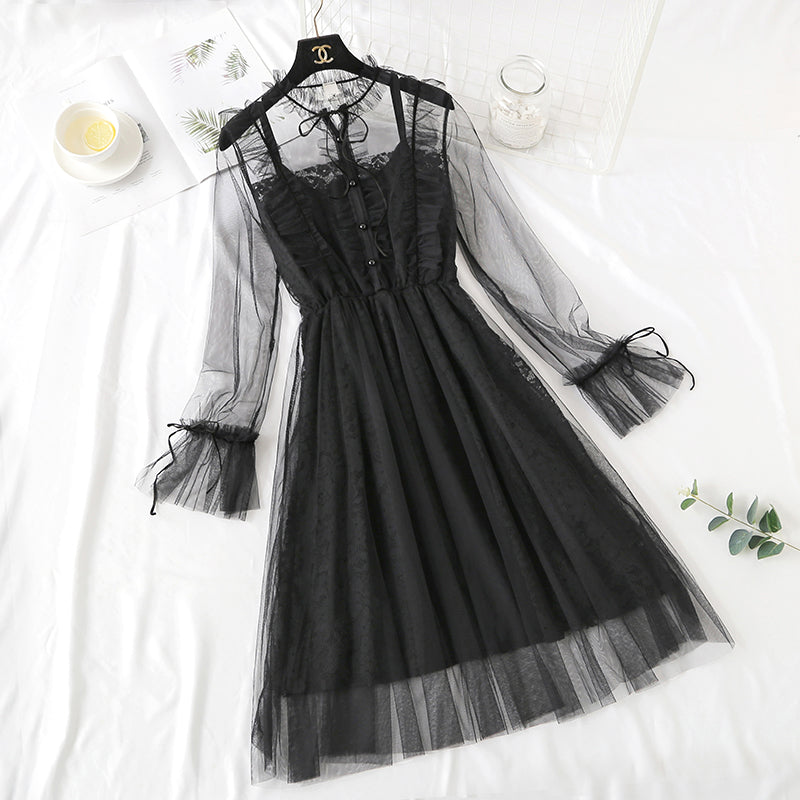Bottom lace dress autumn and Winter Fairy mesh sling two-piece set  2462