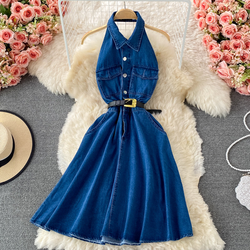 Robe mi-longue en jean sans manches à revers et dos nu 3213