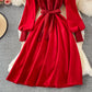 Fake two piece long sleeve knitted stitched corduroy A-line dress  3365