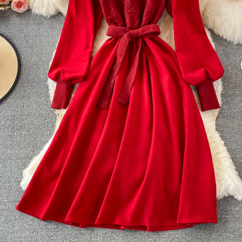 Fake two piece long sleeve knitted stitched corduroy A-line dress  3365