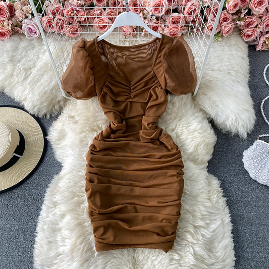 French square neck bubble sleeve mesh Pleated Dress  2787
