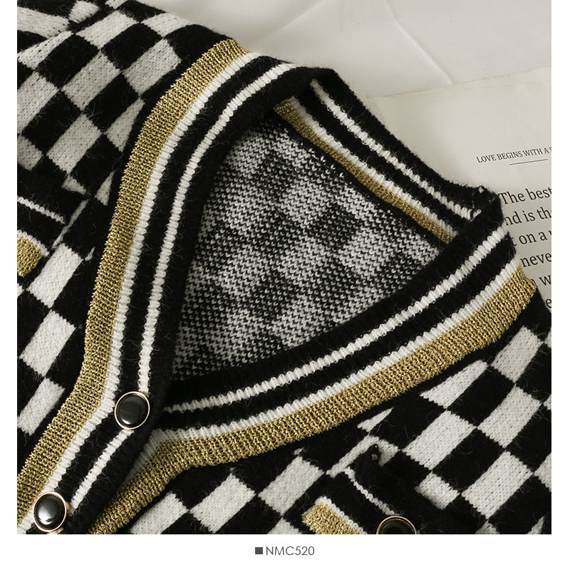 Cardigan à carreaux à trois boutons et col bas pour femme 1845