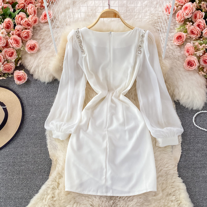 Robe à col carré à manches bouffantes de style rétro français coréen 2844