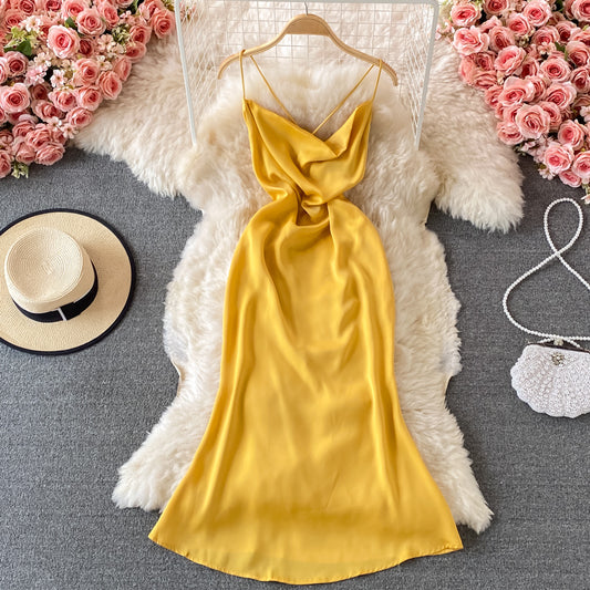 Slim temperament open back gentle wind Satin Dress  3063