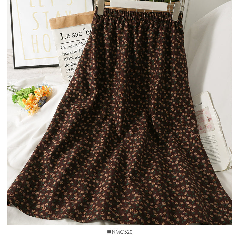 Hong Kong Vintage printed elastic waist thin over knee A-line skirt  2623