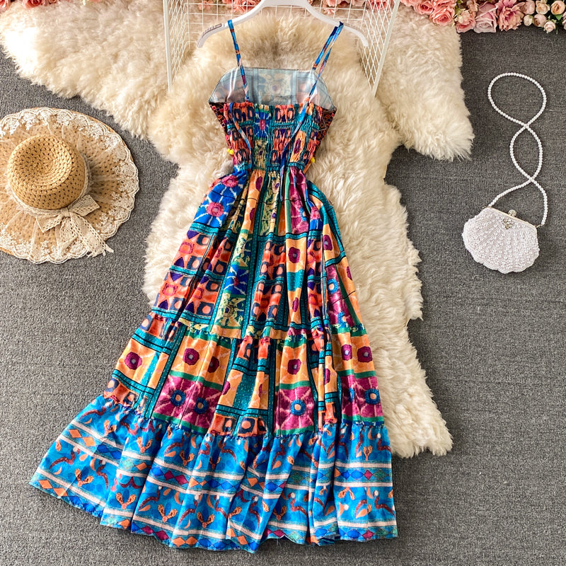 Robe à bretelles en broderie ethnique imprimée 3439