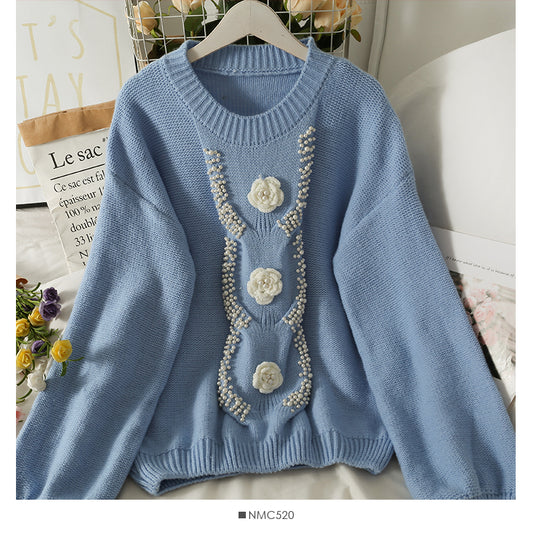 T-shirt à manches bouffantes et col rond avec perles en forme de fleur tridimensionnelle de Han Fan 1944